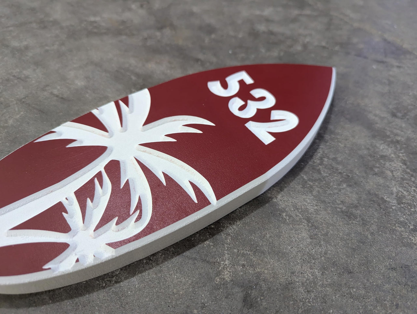 Surfboard Address Sign with Palm Tree Design