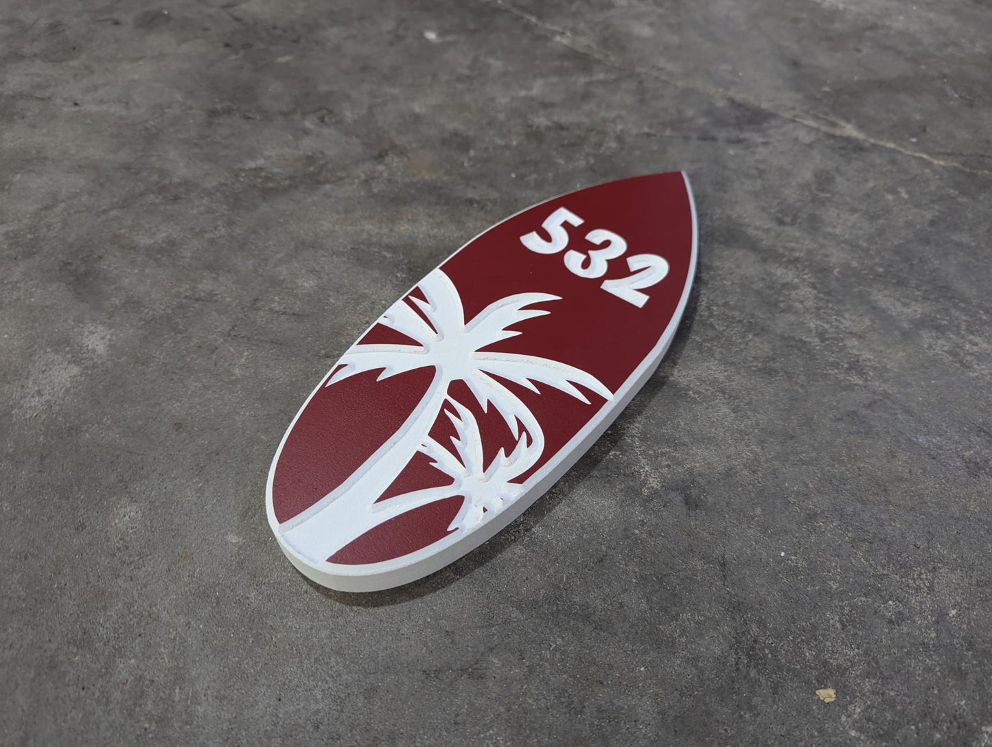 Surfboard Address Sign with Palm Tree Design