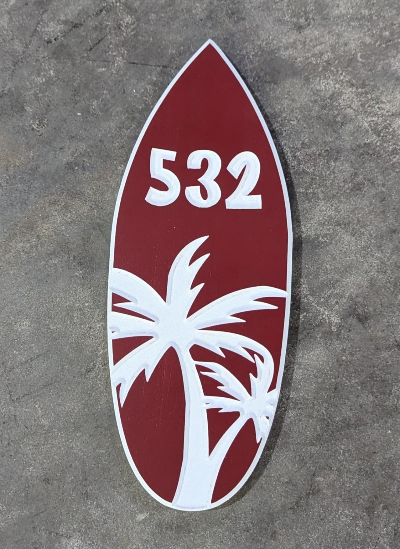 Surfboard Address Sign with Palm Tree Design