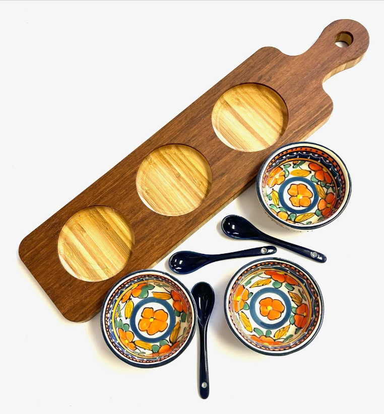 Condiment Dip Serving Tray With Handle, Bowls and Spoons
