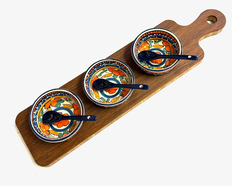 Condiment Dip Serving Tray With Handle, Bowls and Spoons
