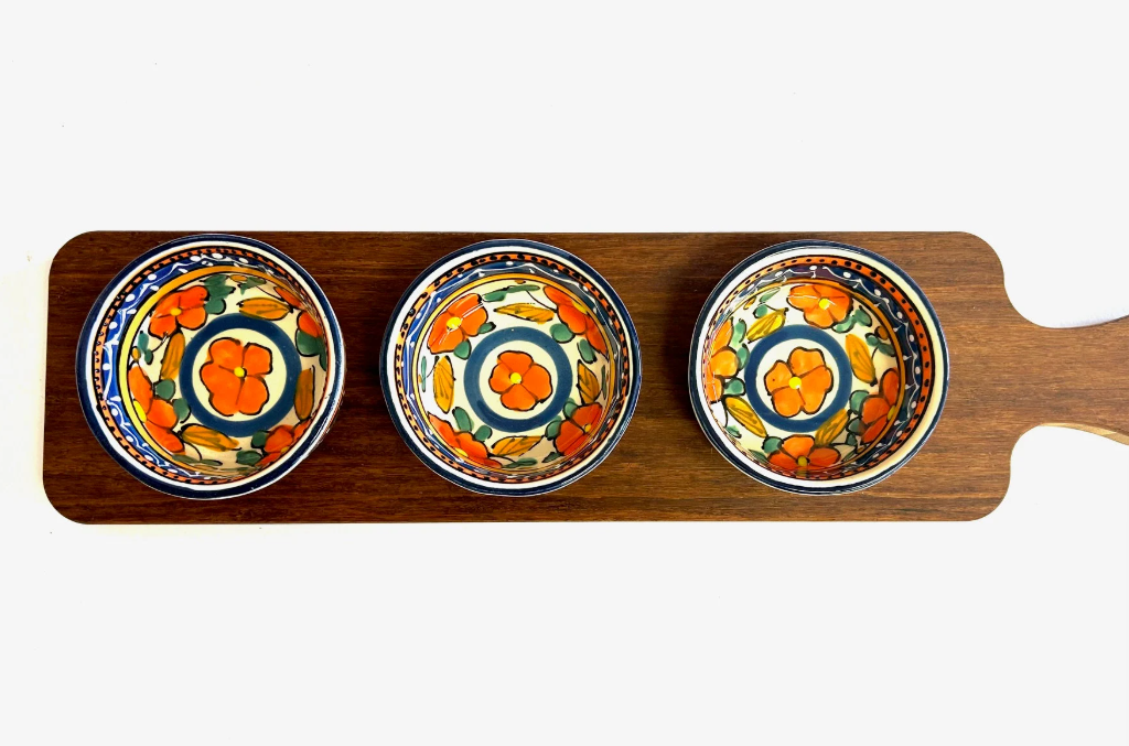 Condiment Dip Serving Tray With Handle, Bowls and Spoons