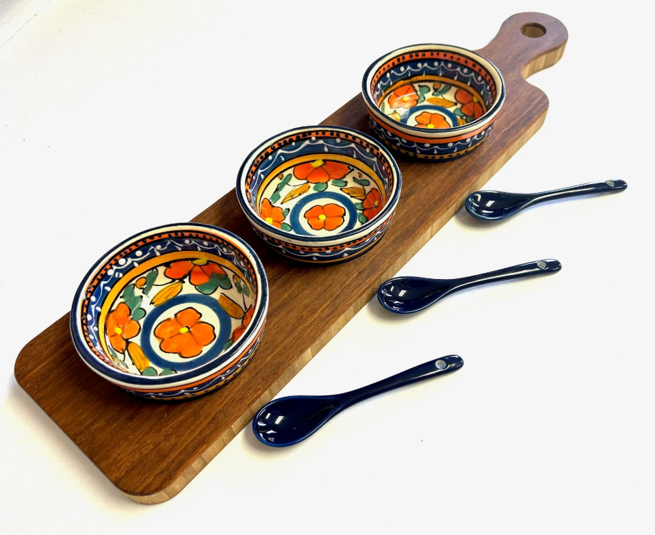 Condiment Dip Serving Tray With Handle, Bowls and Spoons