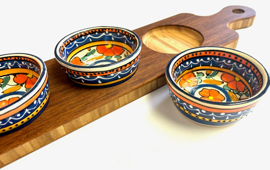 Condiment Dip Serving Tray With Handle, Bowls and Spoons