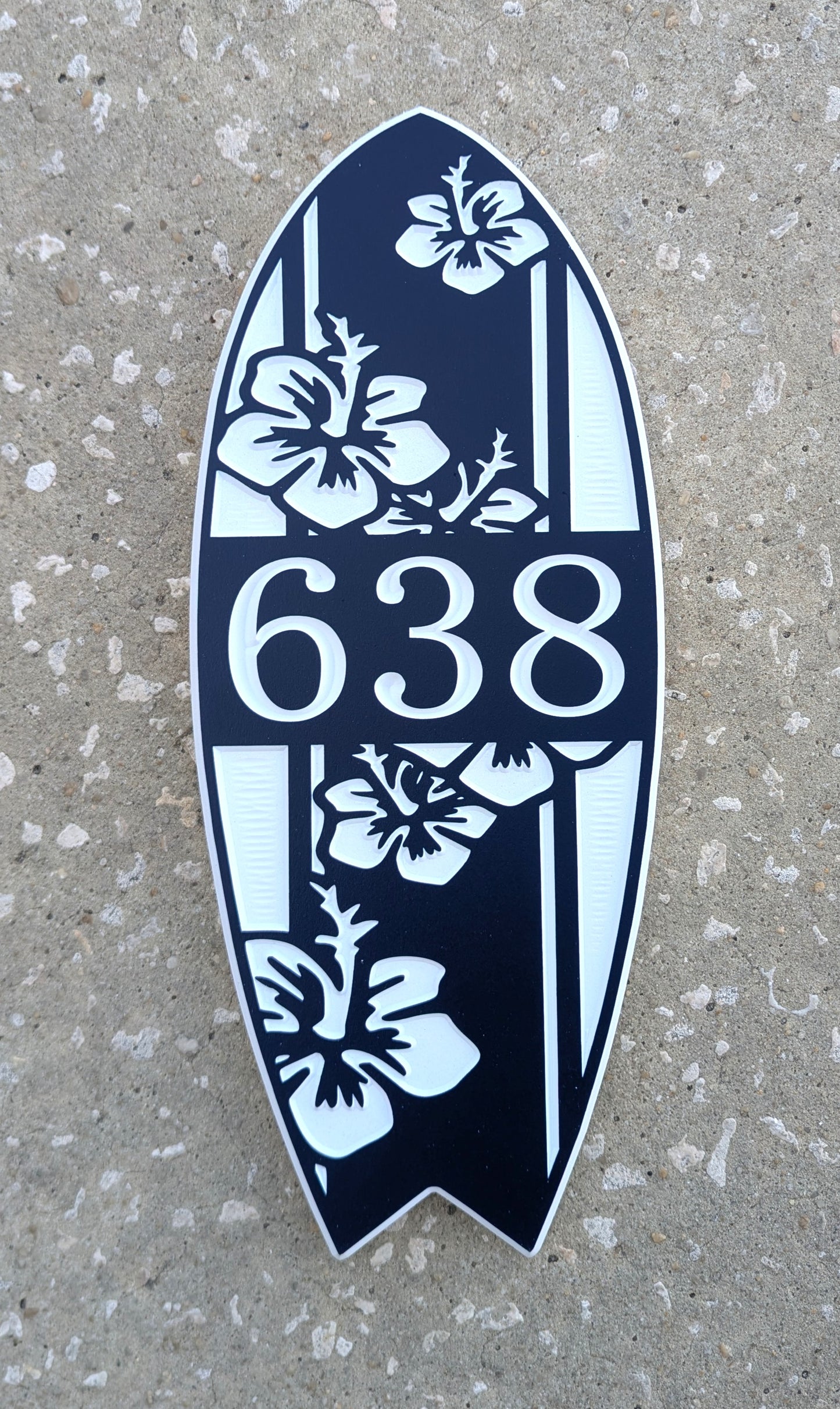 Surfboard Address Sign with Hibiscus Design