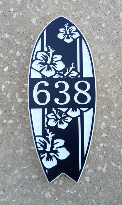 Surfboard Address Sign with Hibiscus Design