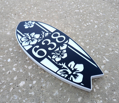 Surfboard Address Sign with Hibiscus Design