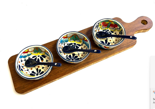Condiment Dip Serving Tray With Handle, Bowls and Spoons