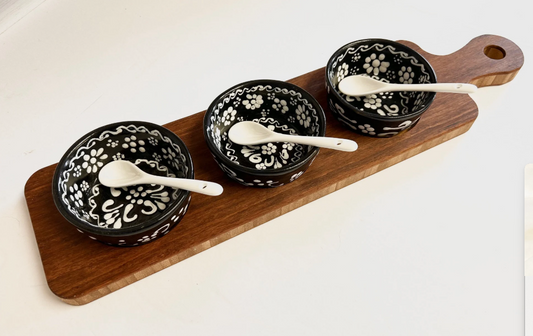 Condiment Dip Serving Tray With Handle, Bowls and Spoons