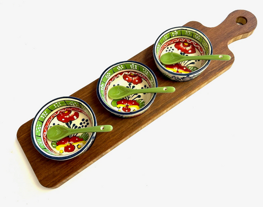 Condiment Dip Serving Tray With Handle, Bowls and Spoons