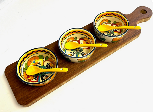 Condiment Dip Serving Tray With Handle, Bowls and Spoons
