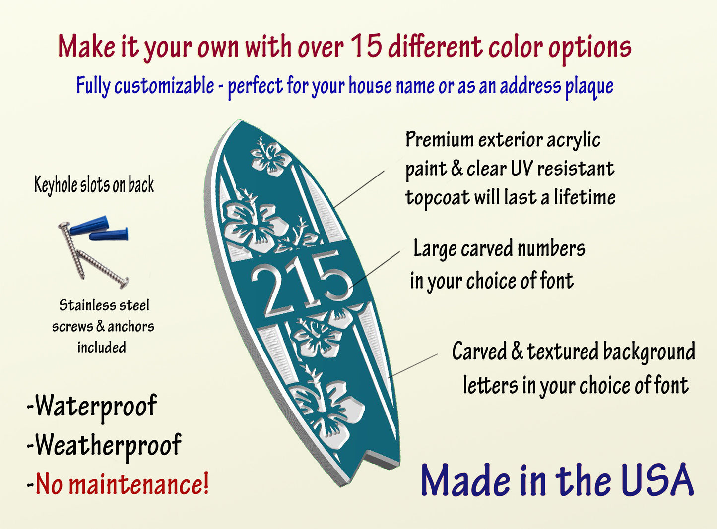 Surfboard Address Sign with Hibiscus Design